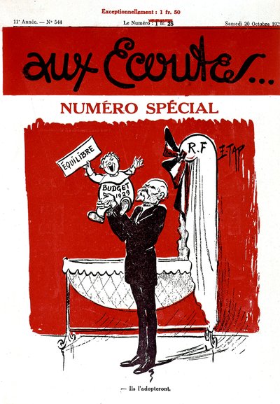 Prima pagina del giornale francese Aux Ecoutes con un bambino che rappresenta il bilancio del 1929 che sta per essere nella culla (Repubblica francese) da Edmond (1861 1943) Tapissier