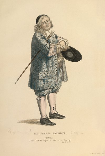 Costume per il ruolo di Chrysale, 1868 circa (incisione) da Edmond Aime Florentin Geffroy