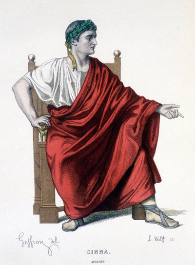 Il personaggio di Augusto nella tragedia Cinna (o la clemenza di Augusto) - Teatro completo: (Compendio delle opere di Corneille) disegno di Geffroy, incisione di L. Wolff - ed. Laplace, Sanchez et Cie, Parigi 1884 da Edmond Aime Florentin Geffroy