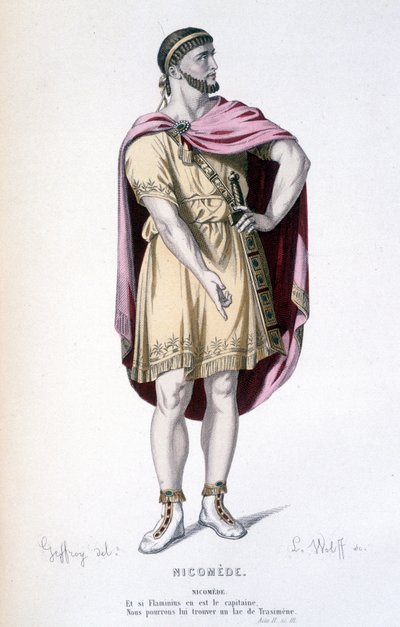 Personaggio di Nicomede nella tragedia Nicomede - Teatro completo: (Collezione di opere di Corneille) disegno di Geffroy, incisione di L. Wolff - ed. Laplace, Sanchez et Cie, Parigi 1884 da Edmond Aime Florentin Geffroy