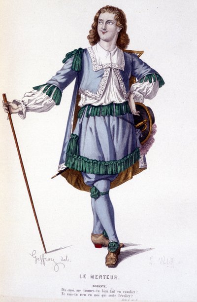 Il personaggio di Dorante nella commedia Le Menteur - Teatro Completo: (Collezione di opere di Corneille) disegno di Geffroy, incisione di L. Wolff - ed. Laplace, Sanchez et Cie, Parigi 1884 da Edmond Aime Florentin Geffroy