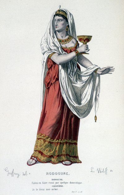 Il personaggio di Cleopatra nella tragedia Rodogune principessa dei Parti - Teatro completo: (Collezione delle opere di Corneille) disegno di Geffroy, incisione di L. Wolff - ed. Laplace, Sanchez et Cie, Parigi 1884 da Edmond Aime Florentin Geffroy