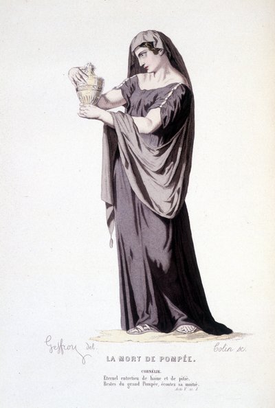 Il personaggio di Cornelie nella pièce teatrale La mort de Pompee - Teatro completo: (Compendio di opere di Corneille) disegno di Geffroy, incisione di Colin - ed. Laplace, Sanchez et Cie, Parigi 1884 da Edmond Aime Florentin Geffroy