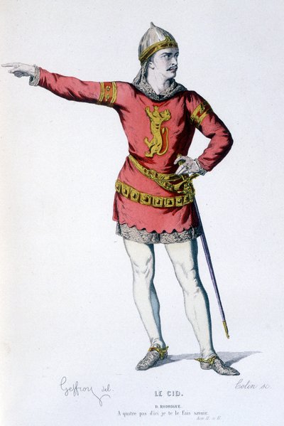 Il personaggio di Don Rodrigue nella tragicommedia Le Cid - Teatro Completo: (Collezione di opere di Corneille) disegno di Geffroy, incisione di Colin - ed. Laplace, Sanchez et Cie, Parigi 1884 da Edmond Aime Florentin Geffroy