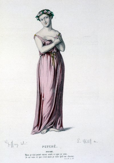 Il personaggio di Psyche nella tragi commedia e balletto Psyche, Moliere et Corneille - Teatro completo: (Collezione di opere di Corneille) disegno di Geffroy, incisione di L. Wolff - ed. Laplace, Sanchez et Cie, Parigi 1884 da Edmond Aime Florentin Geffroy