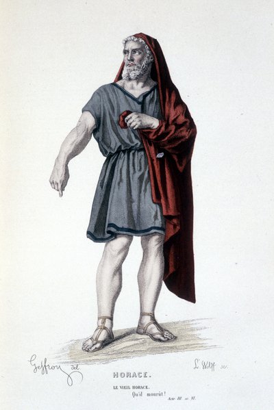 Il personaggio del vecchio Orazio nella tragedia Orazio - Teatro Completo: (Collezione di opere di Corneille) disegno di Geffroy, incisione di L. Wolff - ed. Laplace, Sanchez et Cie, Parigi 1884 da Edmond Aime Florentin Geffroy