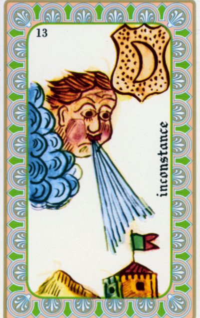 tarocchi del mago Belline disegnati da Edmond Billaudot c. 1845 e dati al chiaroveggente Belline per la ristampa: carta della volubilità: il vento soffia da Edmond Billaudot