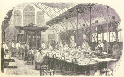 Orafi al lavoro alla fabbrica di posate Christophle a Parigi, pub. 1875 da Edmond Morin