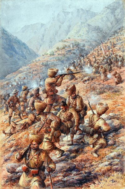 35° Reggimento Sikh di Fanteria del Bengala, Forza di Campo di Malakand, che respinge un attacco di tribù da Edmund Arthur Ponsonby Hobday