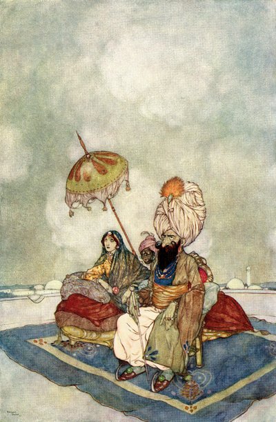 Per tutto questo tempo la principessa aveva osservato il combattimento dal tetto del palazzo, illustrazione tratta da "La storia del cavallo magico". da Edmund Dulac