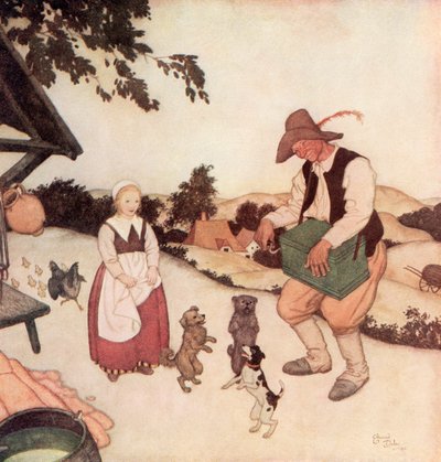 "E quando vide Caroline Bianca, iniziò a suonare sul suo organo le arie più belle che fosse possibile sentire, e i tre cagnolini iniziarono a ballare insieme", illustrazione dalla fiaba fiamminga Caroline Bianca e Caroline Nera da Edmund Dulac