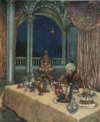 La Bella e la Bestia: Il padre di Belle arriva al castello e scopre una tavola piena di cibarie, c.1910 da Edmund Dulac