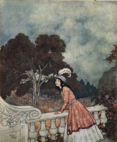 Barbablù: La giovane moglie di Barbablù, Fatima, chiede a sua sorella Anne se vede i suoi fratelli dalla torre, c.1910 da Edmund Dulac