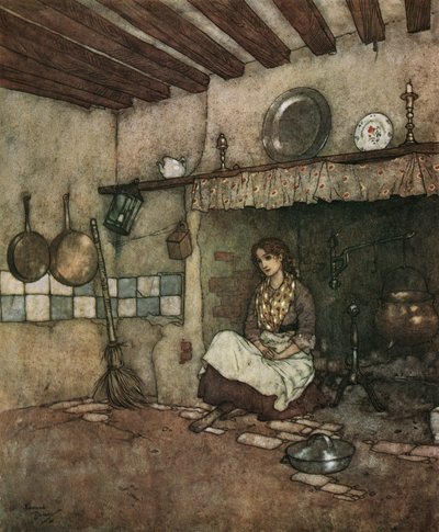 Cenerentola: la giovane Cenerentola seduta tra le ceneri nel camino, c.1910 da Edmund Dulac