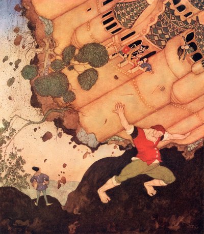 "Ciao amico, prendi tutto il castello con la regina e tutto ciò che contiene sulle tue spalle", illustrazione dalla fiaba belga I sette conquistatori della regina del Mississippi, dal libro delle fiabe di Edmund Dulac: Fiabe delle nazioni alleate da Edmund Dulac