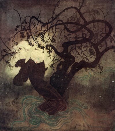 "Nelle sue lotte frenetiche, il cappuccio del suo mantello cadde dai suoi capelli dorati abbaglianti, e immediatamente tutto il luogo fu inondato di luce", illustrazione dalla fiaba inglese La Luna Sepolta, dal Fairy-Book di Edmund Dulac: Fiabe del A da Edmund Dulac