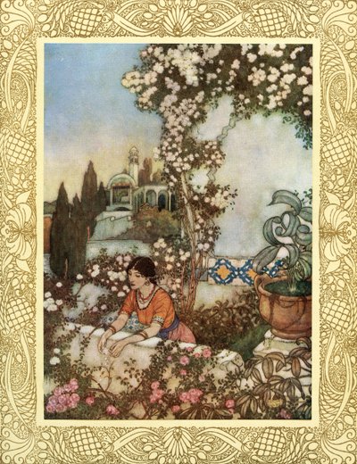 Guarda la rosa che soffia intorno a noi - "Ecco, ridendo," dice, "nel mondo soffio: Subito strappa il fiocco di seta della mia borsa, e getta il suo tesoro nel giardino, illustrazione da 