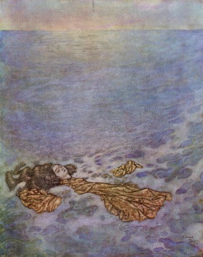 Ancora una volta guardò il principe, con gli occhi già offuscati dalla morte, poi si gettò in mare e cadde, il suo corpo si dissolse in schiuma, illustrazione da 