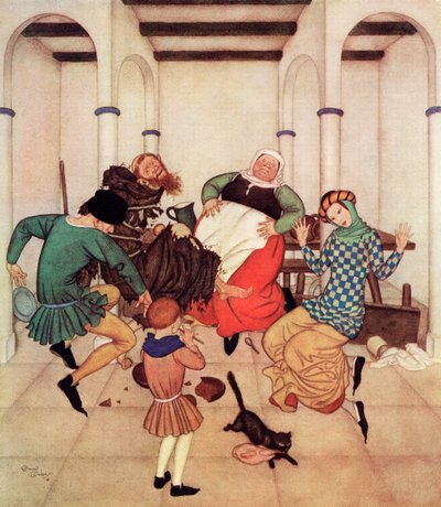 Il frate, legato saldamente al palo, si contorceva e si dimenava, mostrando chiaramente che avrebbe ballato se avesse potuto, illustrazione dalla fiaba inglese Il frate e il ragazzo, dal libro delle fiabe di Edmund Dulac: Fiabe delle nazioni alleate, pub.1 da Edmund Dulac