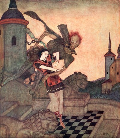 "Il principe, guardando fuori, lo vide afferrare la principessa e volare via rapidamente", illustrazione dalla fiaba serba La storia di Bashtchelik, dal libro delle fiabe di Edmund Dulac: Fiabe delle nazioni alleate, pub.1916 da Edmund Dulac