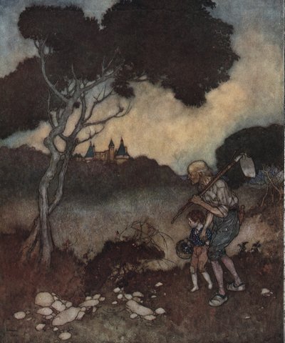 La bella addormentata: le torri del castello della principessa appaiono sopra gli alberi da Edmund Dulac