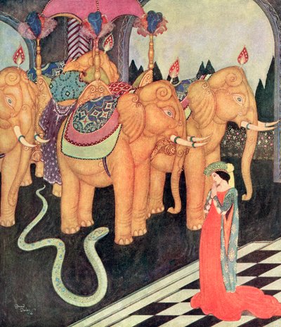 "Quando Grannmia vide il suo strano amante, rimase sola calma e coraggiosa", illustrazione dalla fiaba italiana Il Principe Serpente da Edmund Dulac