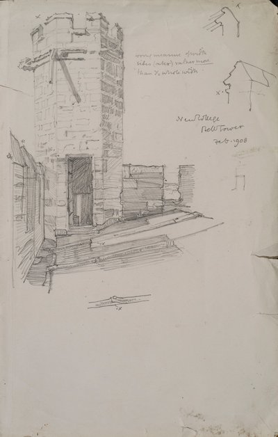 Schizzo del Campanile al New College, mostrando il dettaglio del tetto piombato, 1908 da Edmund Hort New