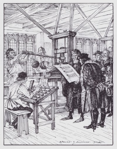 William Caxton nella sua tipografia da Edmund Joseph (after) Sullivan
