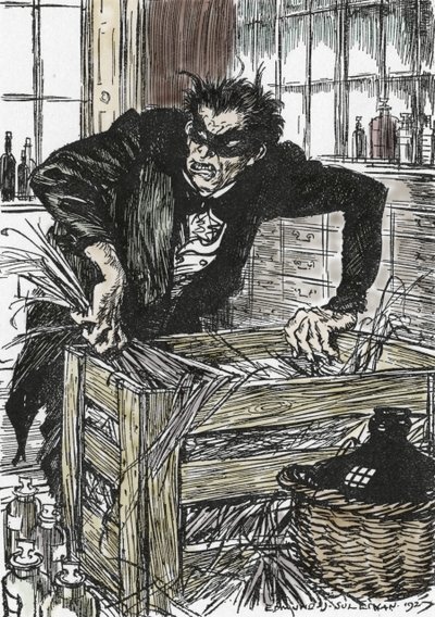 Dr Jekyll cerca disperatamente le polveri che gli permettono di liberarsi del suo carattere di Mr Hyde, Illustrazione di Edmund Joseph Sullivan per il romanzo 