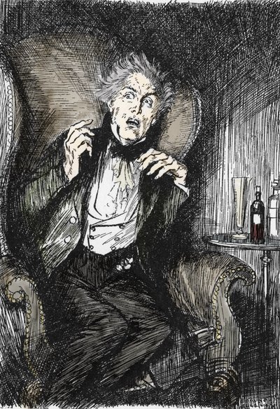 Dr Jekyll in terrore durante la sua conversazione con Utterson ed Enfield, illustrazione di Edmund Joseph Sullivan per il romanzo L