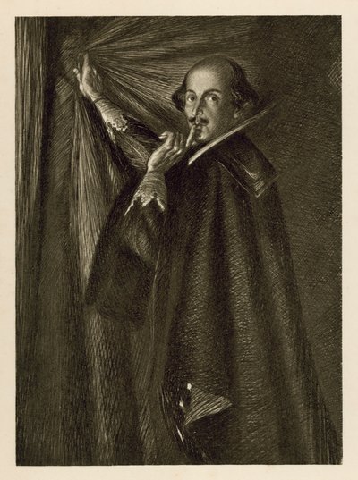 William Shakespeare che tiene il sipario e ci dice di fare silenzio da Edmund Joseph Sullivan