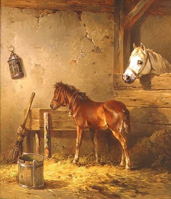 Cavalla e puledro in una stalla da Edmund Mahlknecht