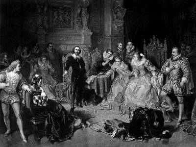 William Shakespeare (1564-1616) alla corte della Regina Elisabetta I, inciso da Pierre Cottin, c.1864 (mezzotinto) da Edouard (after) Ender