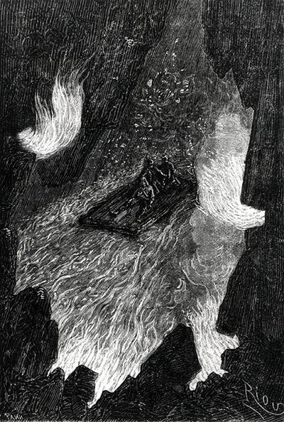 La zattera ondulata sulle onde di lava, illustrazione da 
