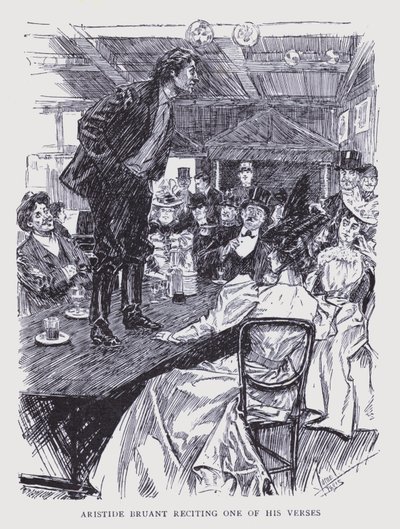 Parigi boema: Aristide Bruant recita uno dei suoi versi (litografia) da Edouard Alfred (1875 1954) Cucuel