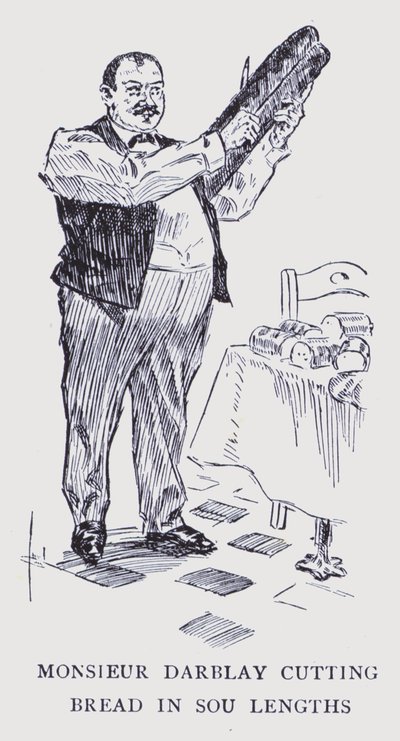 Parigi bohémien: Monsieur Darblay che taglia il pane in pezzi da sou (litografia) da Edouard Alfred (1875-1954) Cucuel