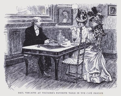 Parigi bohémien: Paul Verlaine al tavolo preferito di Voltaire al Cafe Procope (litografia) da Edouard Alfred (1875-1954) Cucuel