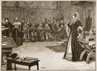 Processo di Maria Regina di Scozia nel castello di Fotheringhay, illustrazione da 