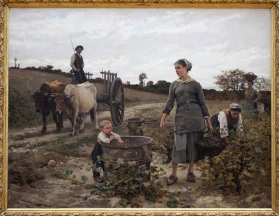 Angolo di vigna; Linguadoca. Scena rurale con un uomo su un carro, donne che raccolgono uva e un bambino che mangia i frutti raccolti. Dipinto di Edouard Debat Ponsan (1847-1913), olio su tela da Edouard Debat Ponsan