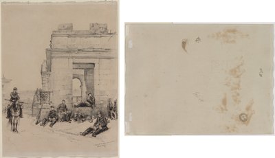 Soldati a riposo (recto) Schizzo di un uomo con braccio alzato e schizzo di un elmo (verso) da Edouard Detaille
