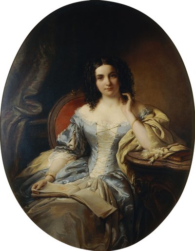 Ritratto di una signora seduta in un vestito blu e bianco, 1853 da Edouard Ender
