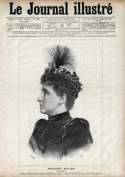 Ritratto di Nellie Melba (Helen Porter Mitchell, detta) (1861-1931), soprano australiano - Incisione di Navellier in 