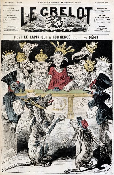 Il coniglio è scappato! - Caricatura sul conflitto franco-tedesco, un cane con elmetto prussiano denuncia un coniglio con cappello dell