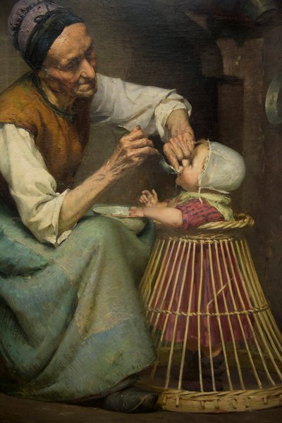 Una vecchia donna nutre la sua nipote tenuta in un girello di vimini, di Edouard Jerome Paupion da Edouard Jerome Paupion