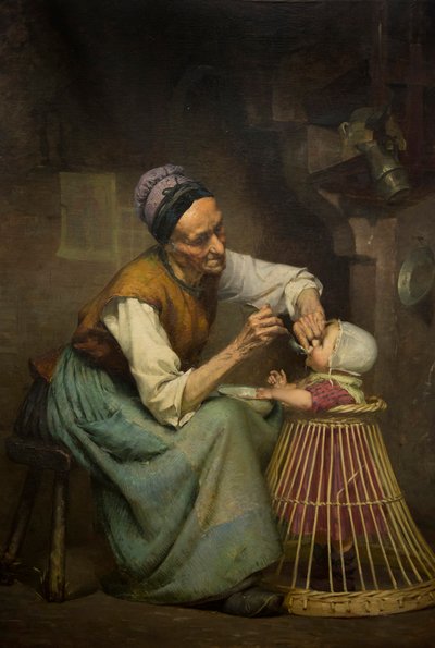 Una vecchia donna nutre la sua nipotina tenuta in un girello di vimini da Edouard Jerome Paupion