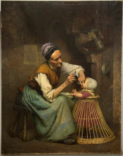 Una vecchia donna nutre la sua nipotina tenuta in un girello di vimini da Edouard Jerome Paupion