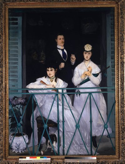 Balcone Due giovani donne con un ventaglio e un ombrello e un uomo con una cravatta. Ritratto di Berthe Morisot, Fanny Claus, Antoine Guillemet e Leon Leenhoff da Édouard Manet