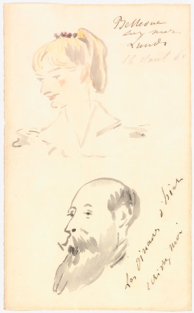 Testa di donna e testa di uomo barbuto da Édouard Manet