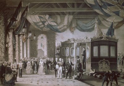 La regina Vittoria (1819-1901) e il principe Alberto (1819-61) arrivano alla stazione di Gosport, Hampshire, inciso da Bayot & Cuvilier, 1846 da Edouard Pingret