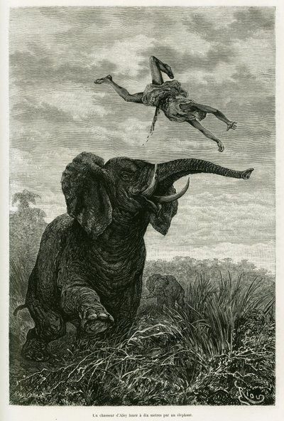 Il cacciatore di Aley lancia un miglio da un elefante. Incisione di Riou per illustrare la storia Les lacs de l